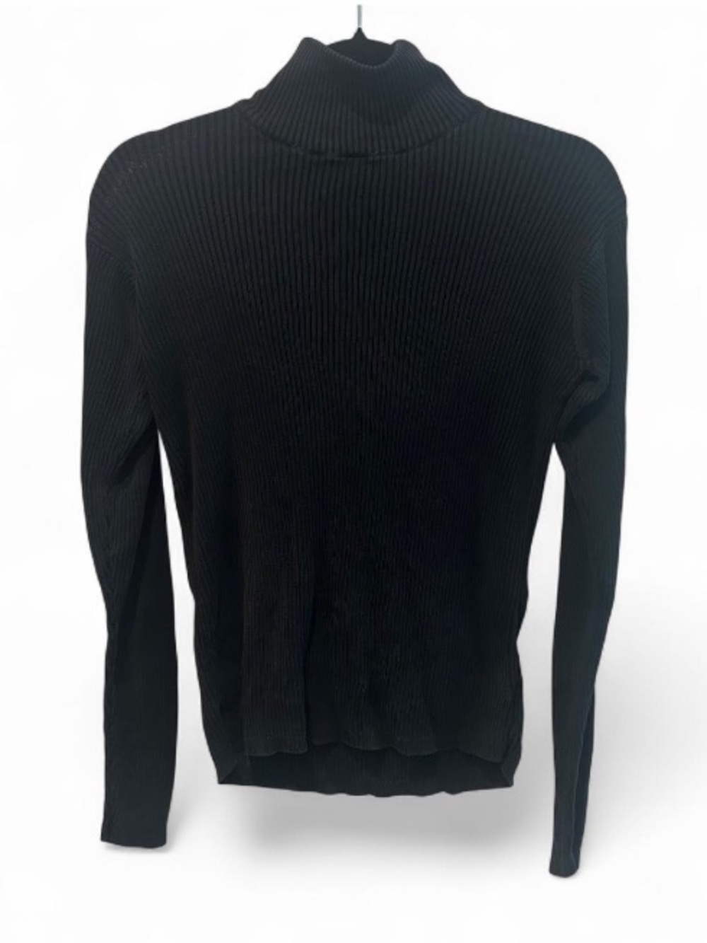 Ellen Tracy Black 100% Silk Mock Neck Top Minimalist Ribbed Long Sleeve Size S